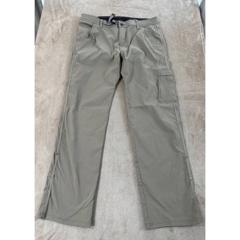 Prana Zion Stretch Hiking Trail Pants Men 34 Khaki Straight Leg Outdoors EUC